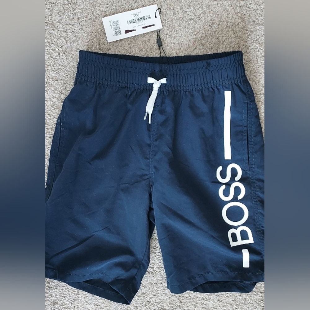 Boss Navy Blue Boys 12 XS Swim Shorts Bathing Suit Spellout New